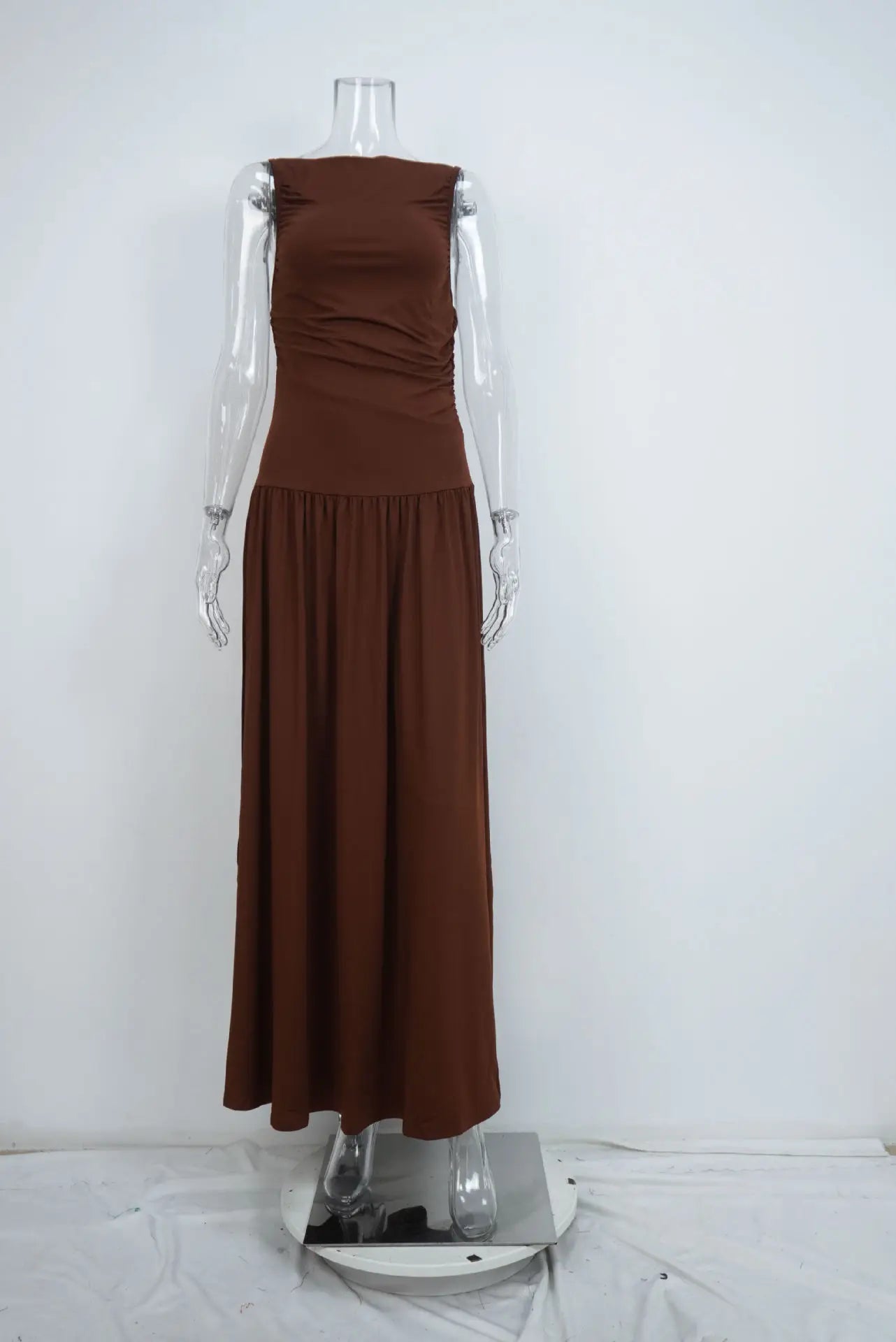 VEITCHE Summer Elegant Women Sleeveless Maxi Dress Milk shreds Neck High Waist Ladies Sexy Ruched Long Dress New Party Gown