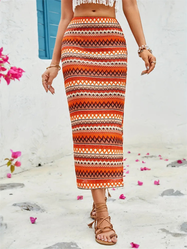 2025 Spring Summer Elegant Women Skirts Fashion Sexy Split Bodycon Long Slim High Waisted Skirt Female Retro Striped Skirt
