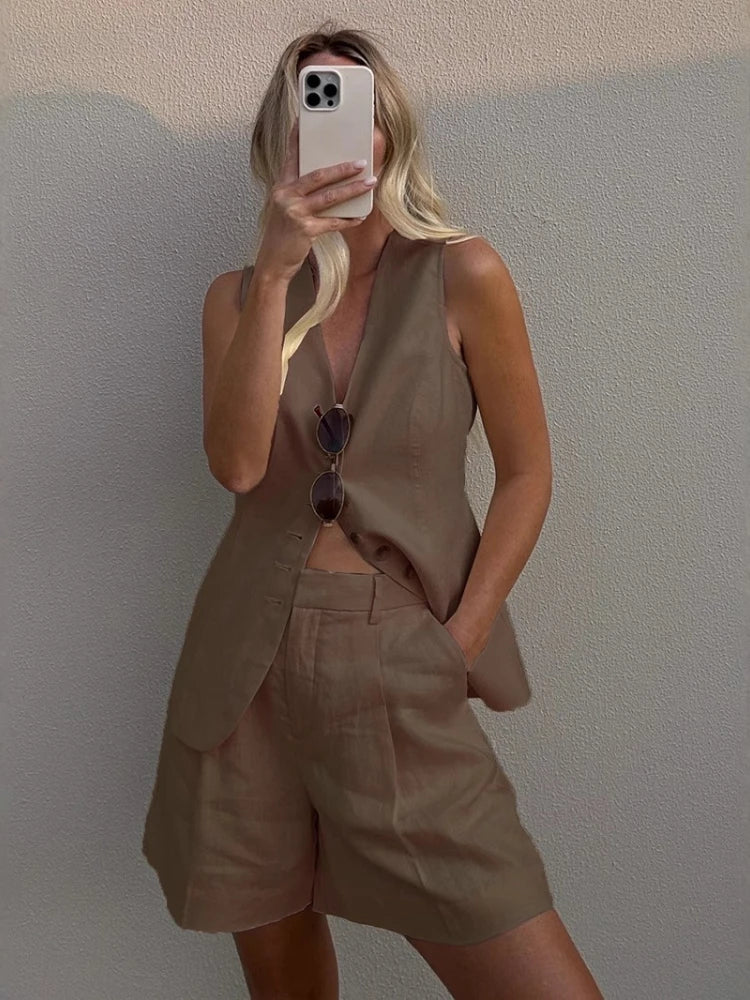 2025 Summer Fashion Two-piece Set Casual Cotton Linen Vest Shorts Set Women Single Breasted V-neck Tops High Waist Short Pants