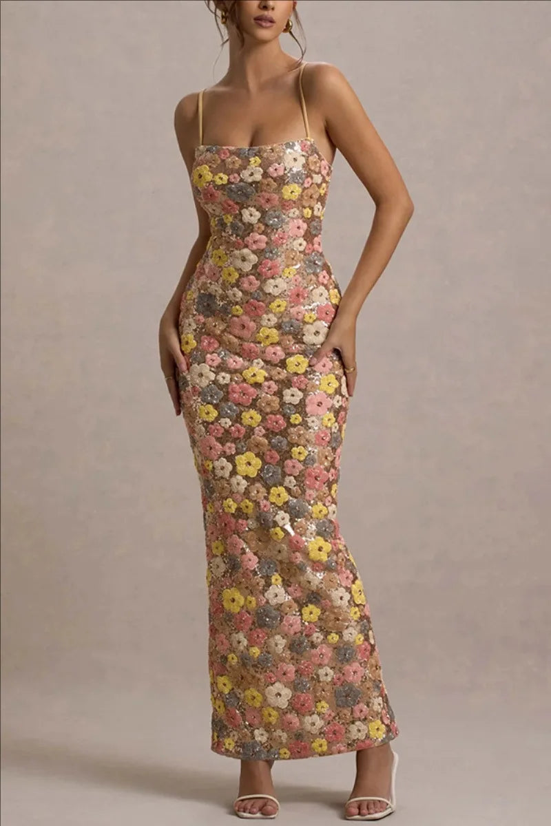 Summ Women Flowers Sequin Patchwork Slim Party Long Dress Strapless Fashion Maxi Dress, Sexy Sleeveless Ladies Dress Vestidos