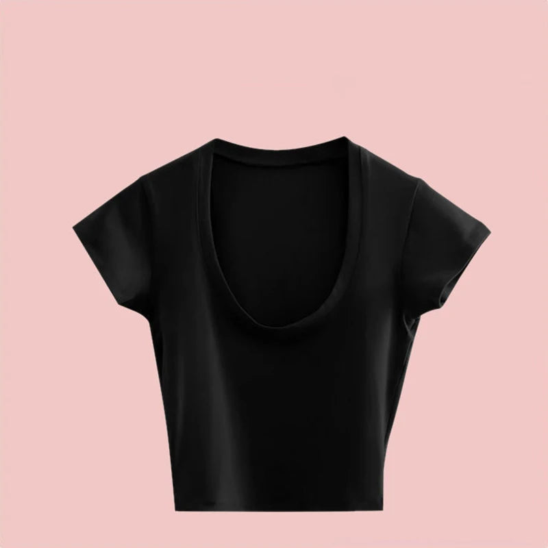2024 Summer Slim T-Shirt Women Sexy Short Sleeve T Shirt U-Neck Gray Tee Female Solid Basic Black/White Korean Crop Tops Hot Y2k