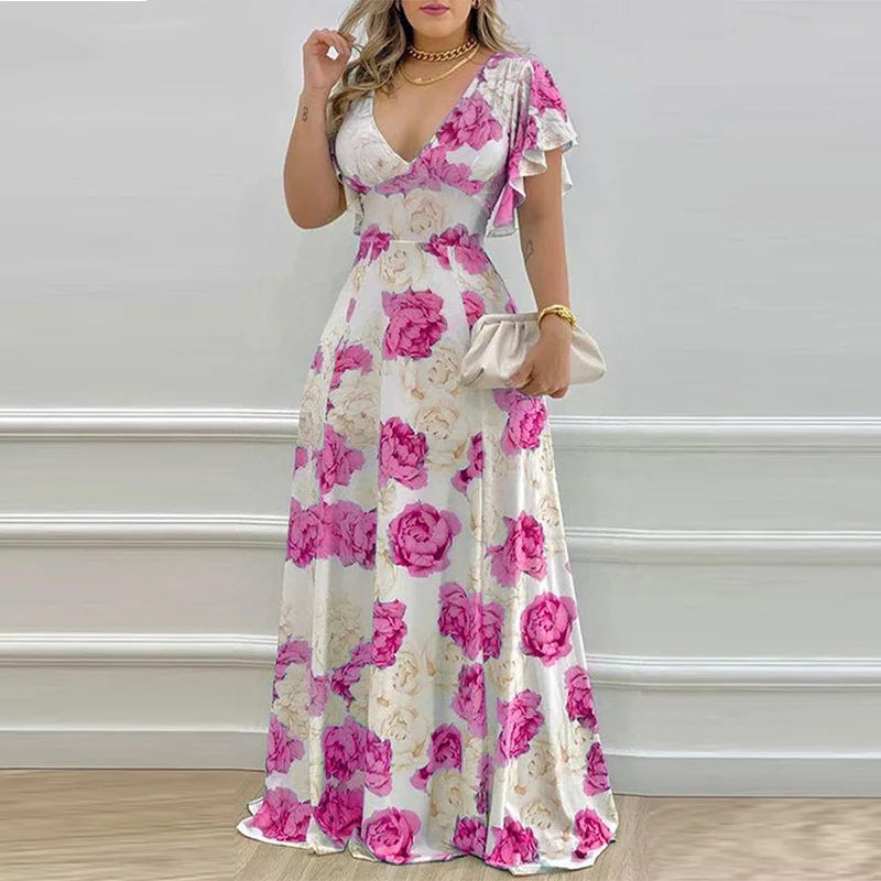 VEITCHE New Fashion Women's Summer Flower Print Long Dress Commuter V-neck Bell Sleeve Waist Wrap Loose Large hem Oversize Dress