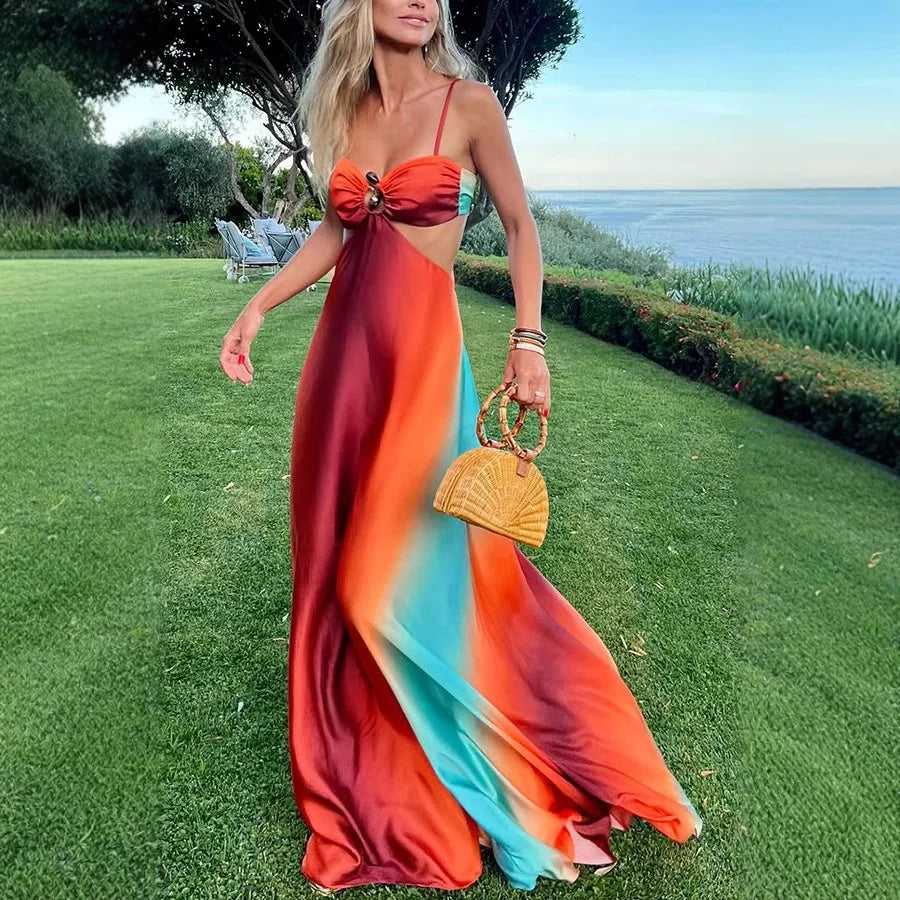 VEITCH Summer Bohemian Elegant Women Off Shoulder Bodycon Long Dress Women Sexy Strap Gradient Island Style Beach Maxi Dress