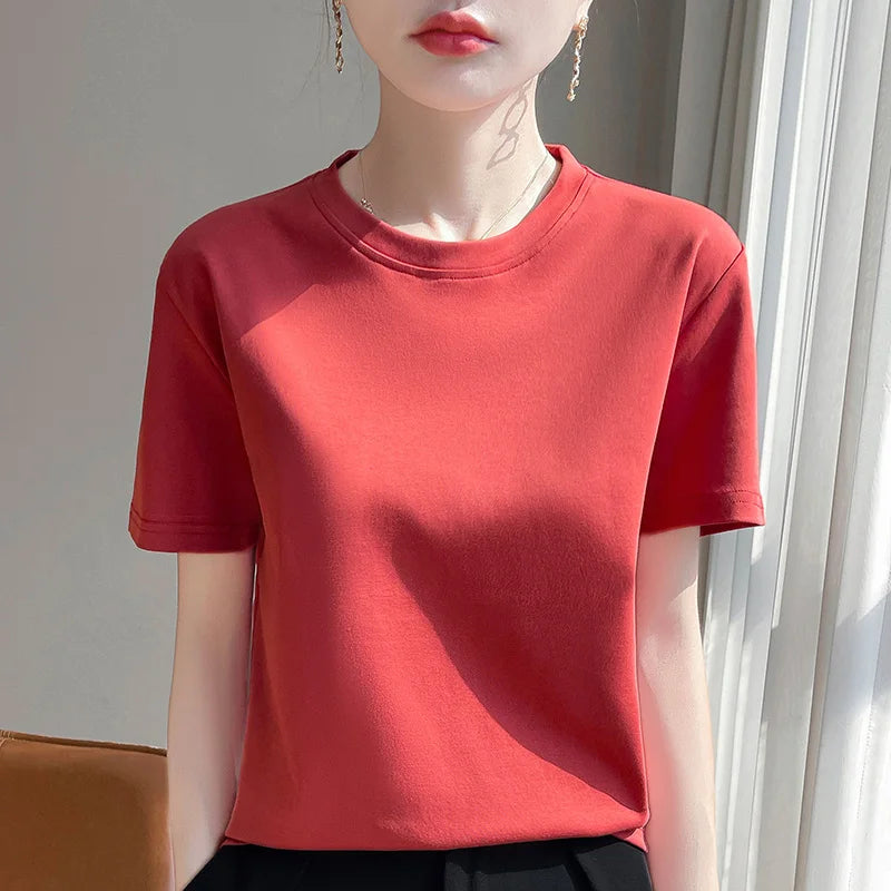 Summer Round Neck Cotton Short-Sleeved Women's T-Shirt Loose Pure Casual Top Mercerized Cotton Bottoming Shirt