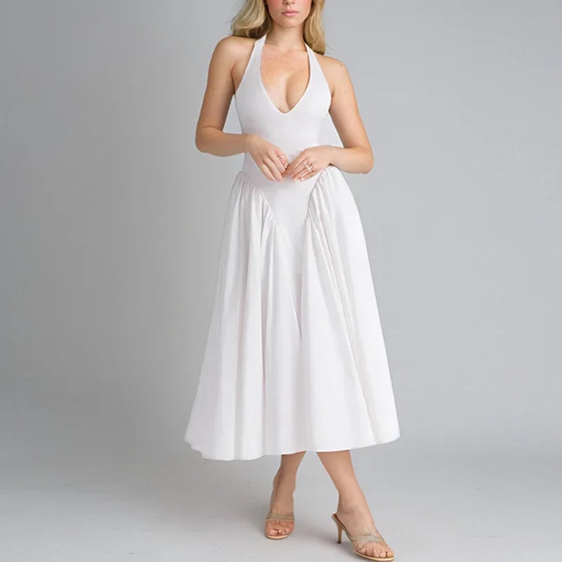 Summer French Style Women Party Dress Socialite Deep V Neck Long Dress Sexy Halter Gathered Waist Slim Fit Solid color Gown