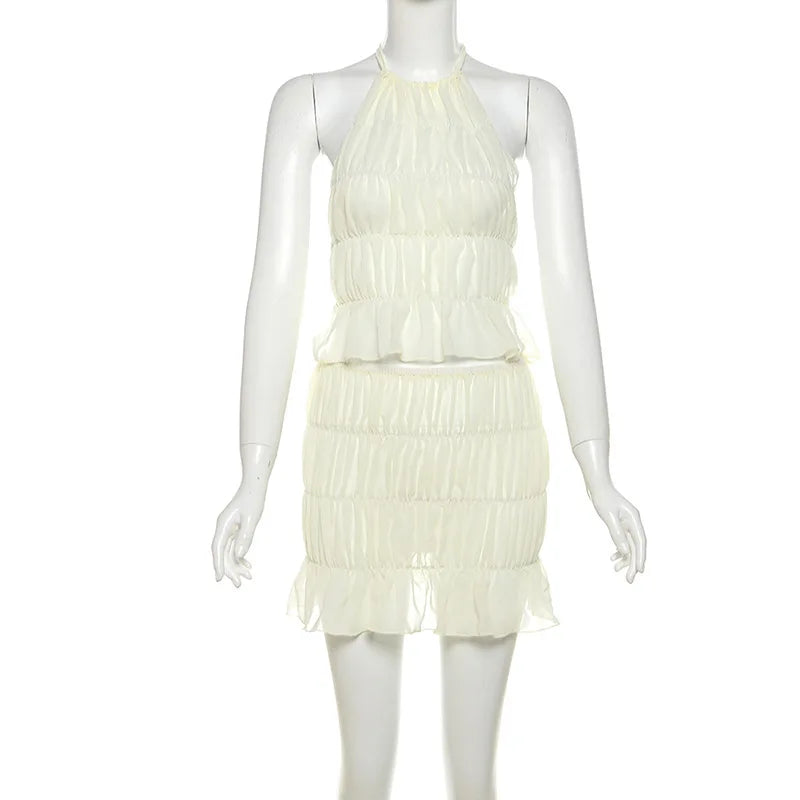 VEITCHE Women Backless Chiffon Mini Skirt Set Sexy Hanging Neck Pleated Solid Color 2025 Summer Beach Vacation Short Skirt Suit