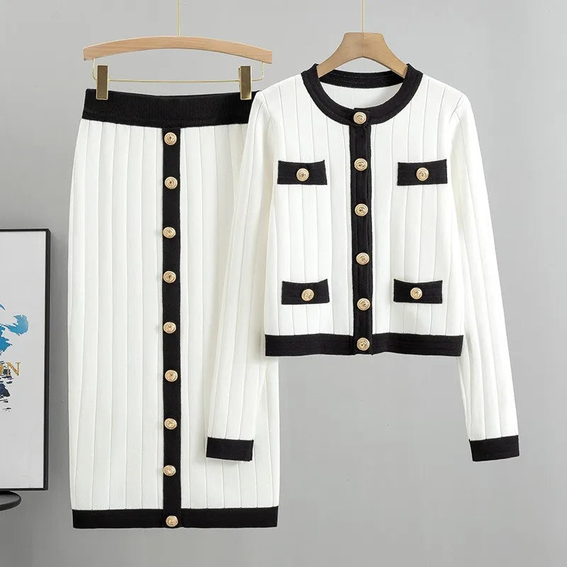 Women Knit Two Pieces Eleght Knitted Cardigan Coat Buttons Solid Colour Long Skirt Casual Suit Knitting Skirts Outfits