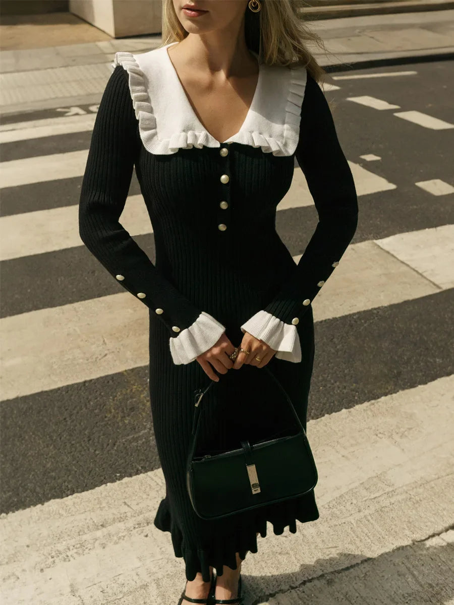 2024 New Autumn Winter Elegant Women Knit Maxi Dress Ruffled Patchwork Pearl button Ribbed Sleeve Party Bodycon Long Dress