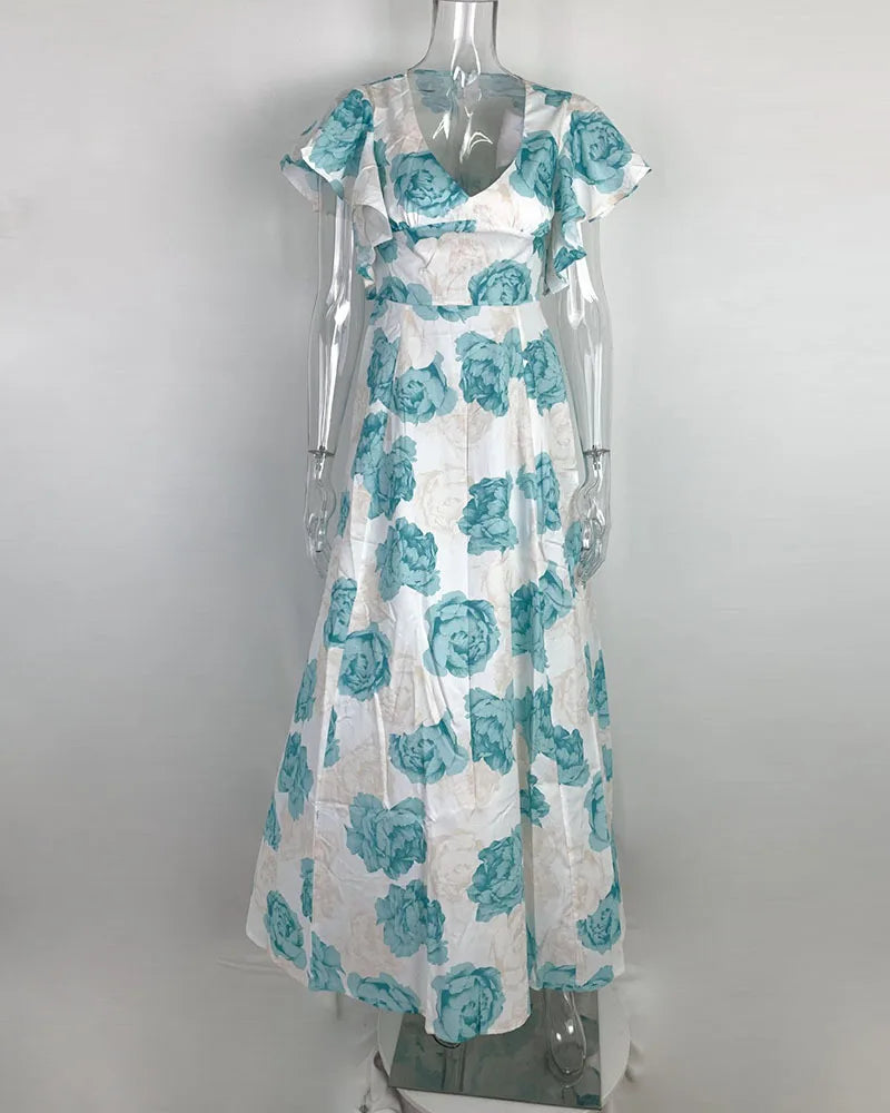 VEITCHE New Fashion Women's Summer Flower Print Long Dress Commuter V-neck Bell Sleeve Waist Wrap Loose Large hem Oversize Dress