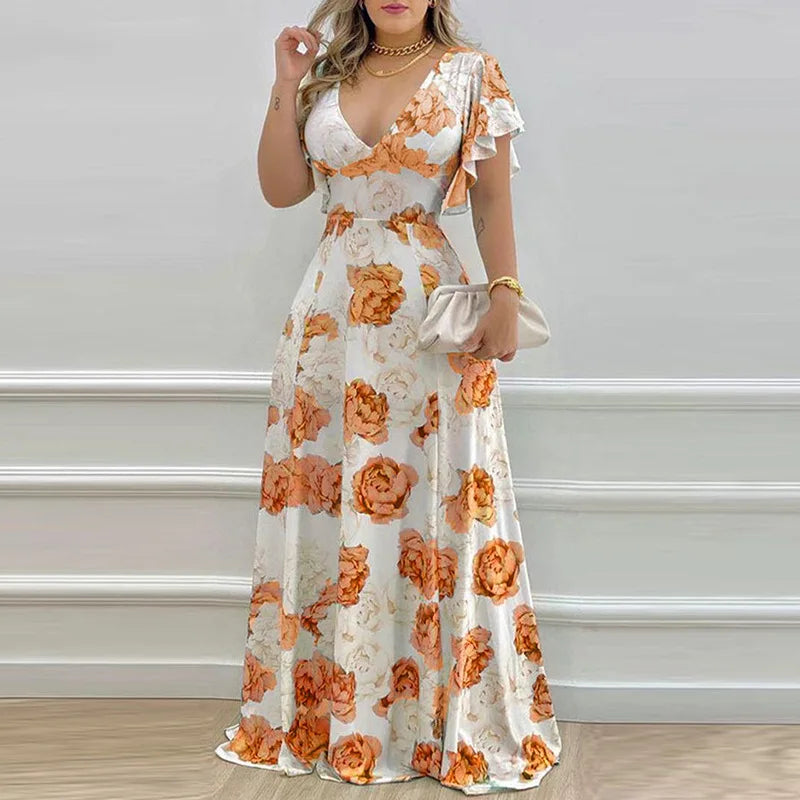 VEITCHE New Fashion Women's Summer Flower Print Long Dress Commuter V-neck Bell Sleeve Waist Wrap Loose Large hem Oversize Dress