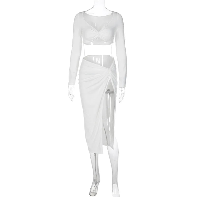 Elegant Fashion Club Outfits Asymmetric Split Matching Sets Cryptographic Ruched Long Sleeve Cropped Top and Skirt Co-ords Set