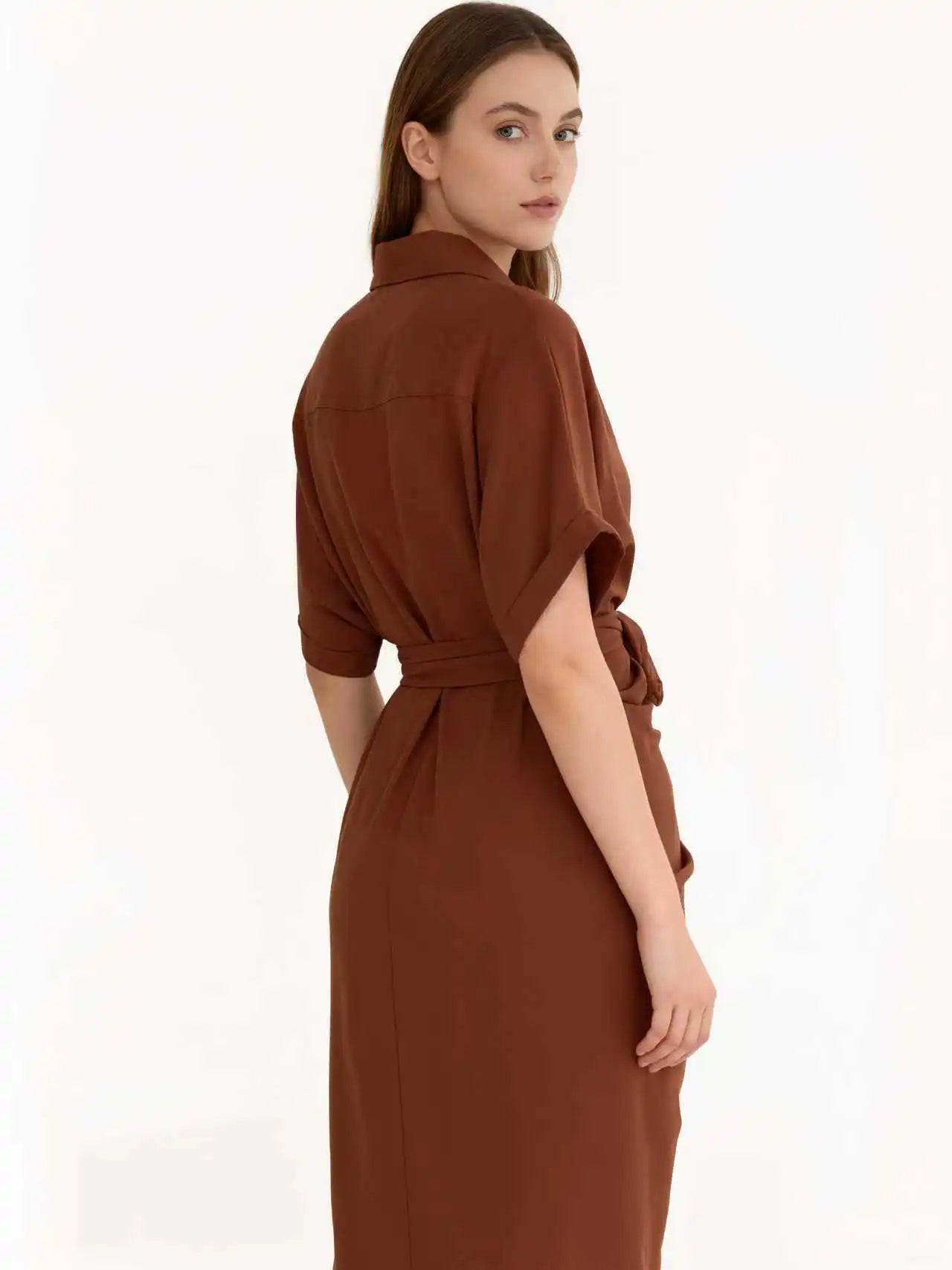 New Fashion Women Irregular Pleated Lace-Up Dress Empire Waist Knee-Length Casual Short Sleeve Office Lady Shirt Dresses