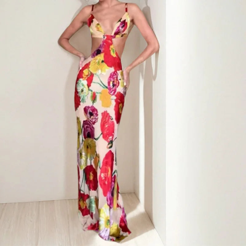 VEITCHE Summer Women Sexy V Neck Floral Print Maxi Dresses Elegant Sleeveless Backless Waist Hollow Out Vestidos Lady Club Party