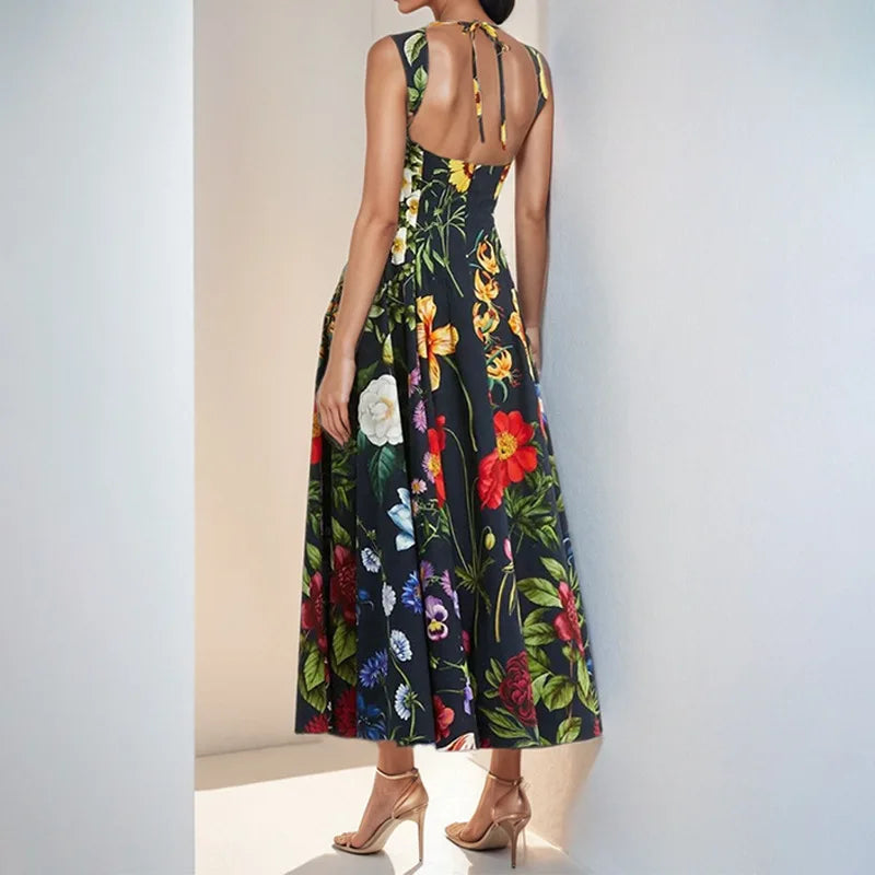 2025 Spring Summer New Fashion Women's Dress Square Collar Backless Sexy Floral Print Tie-Back Large Hem Casual Out Wear Dress