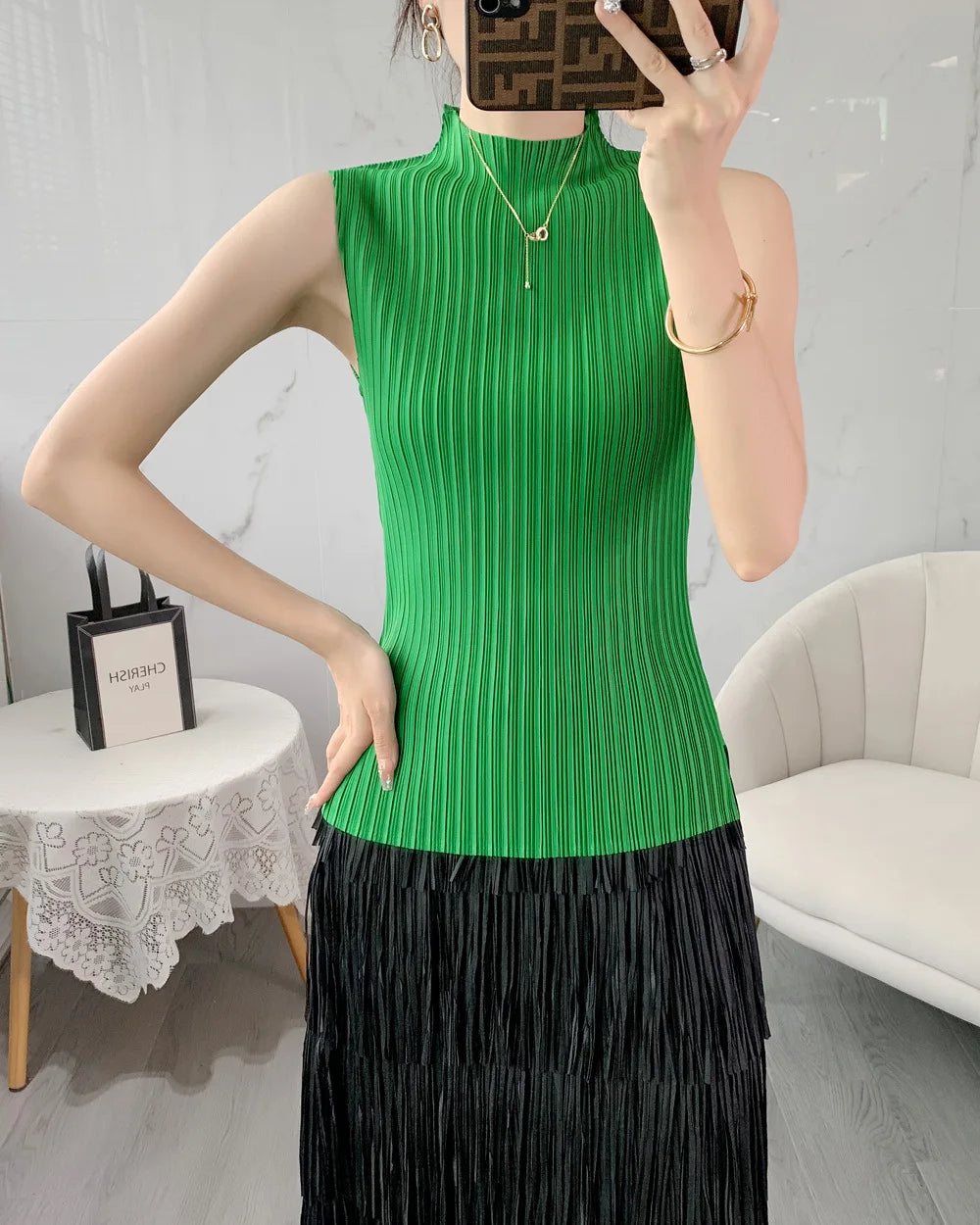 Miyake Pleated Elegant Fashion Temperament Solid Color Half High Neck Sleeveless Women's Vest 2023 Summer New Breathable Top
