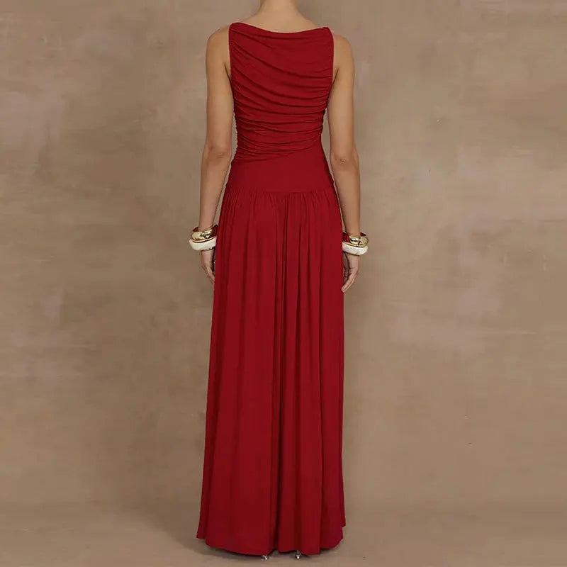 VEITCHE Summer Elegant Women Sleeveless Maxi Dress Milk shreds Neck High Waist Ladies Sexy Ruched Long Dress New Party Gown