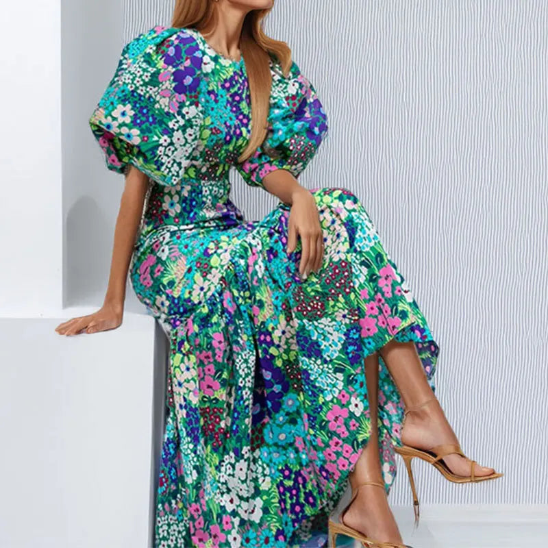 VEITCHE Summer Elegant Women Blue Flower Print Dress Lantern Sleeve And Ankle  Slim Bodycon O-neck Pastoral Style Party Dress