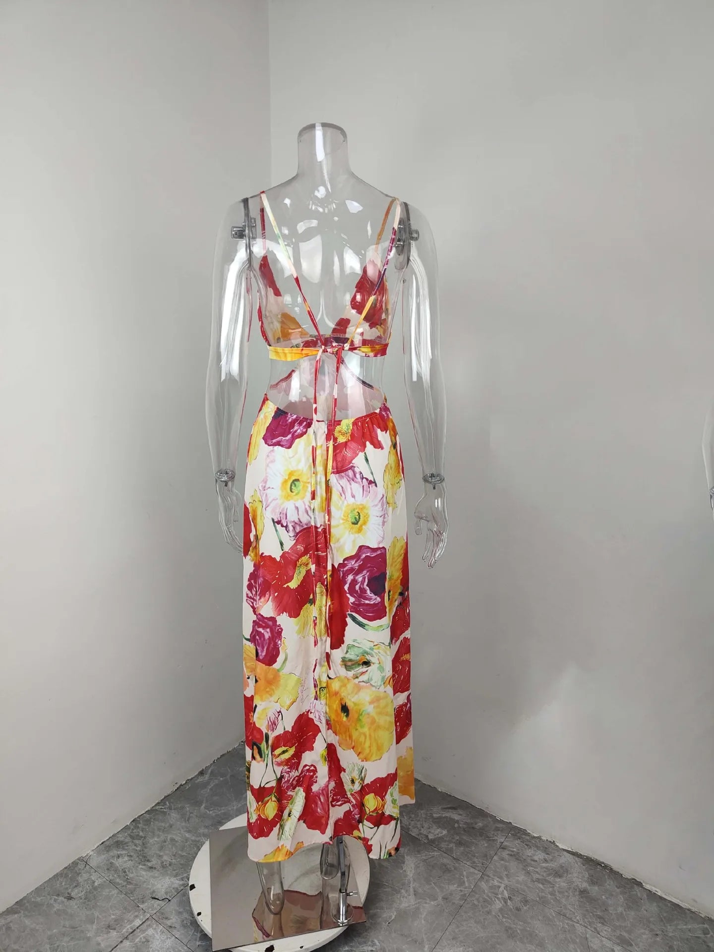 VEITCHE Summer Women Sexy V Neck Floral Print Maxi Dresses Elegant Sleeveless Backless Waist Hollow Out Vestidos Lady Club Party