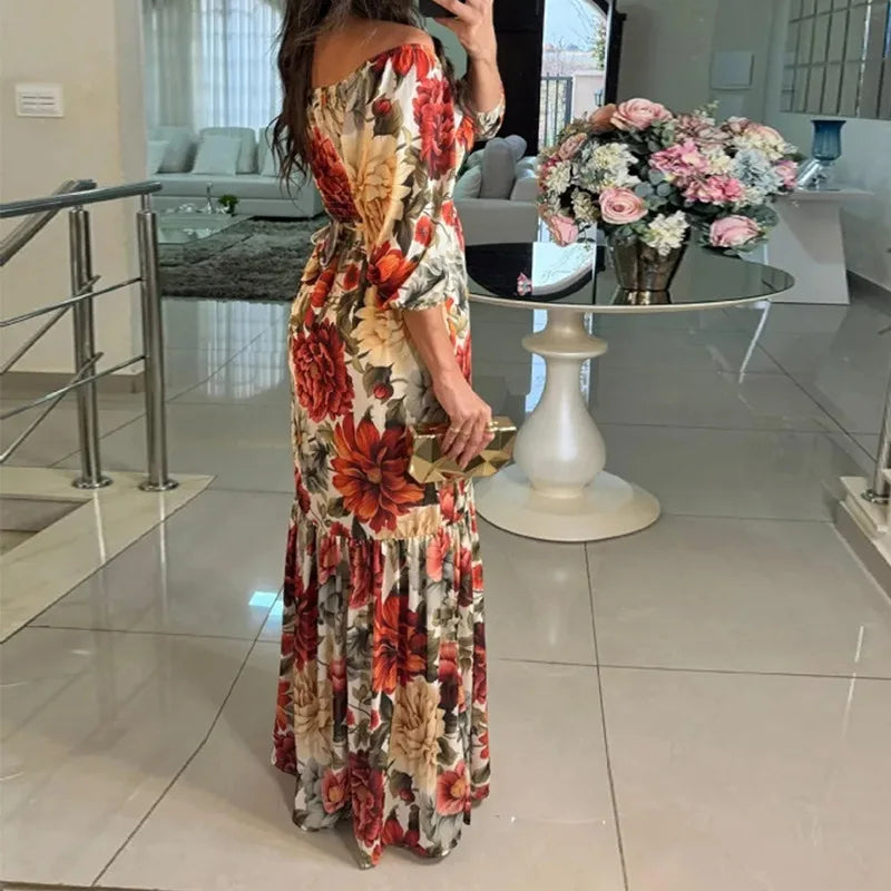 VEITCHE Summer Women Dresses Full Sleeve V Neck Print Floral Dress Loose Casual Floor Length Vestidos Spliced Bohemian Robe