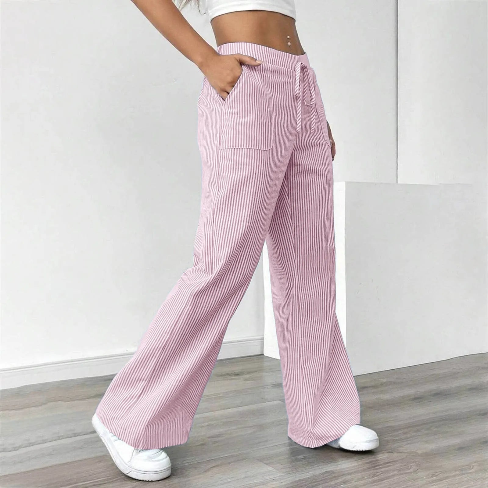 women's fashion Linen Straight Pants Drawstring Elastic high Waist Wide Leg Pants Vertical stripes print Trousers With Pockets