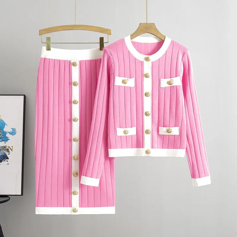Women Knit Two Pieces Eleght Knitted Cardigan Coat Buttons Solid Colour Long Skirt Casual Suit Knitting Skirts Outfits