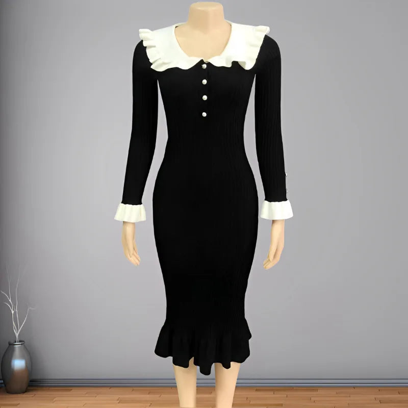 2024 New Autumn Winter Elegant Women Knit Maxi Dress Ruffled Patchwork Pearl button Ribbed Sleeve Party Bodycon Long Dress
