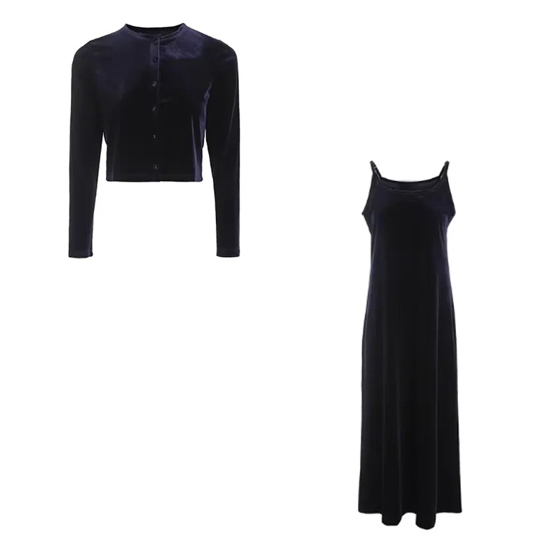 Autumn Winter Fleece Fabric Women Long Sleeve Dress Suit Solid Suspenders Long Dress Single-breasted Cardigan Female Casual Set