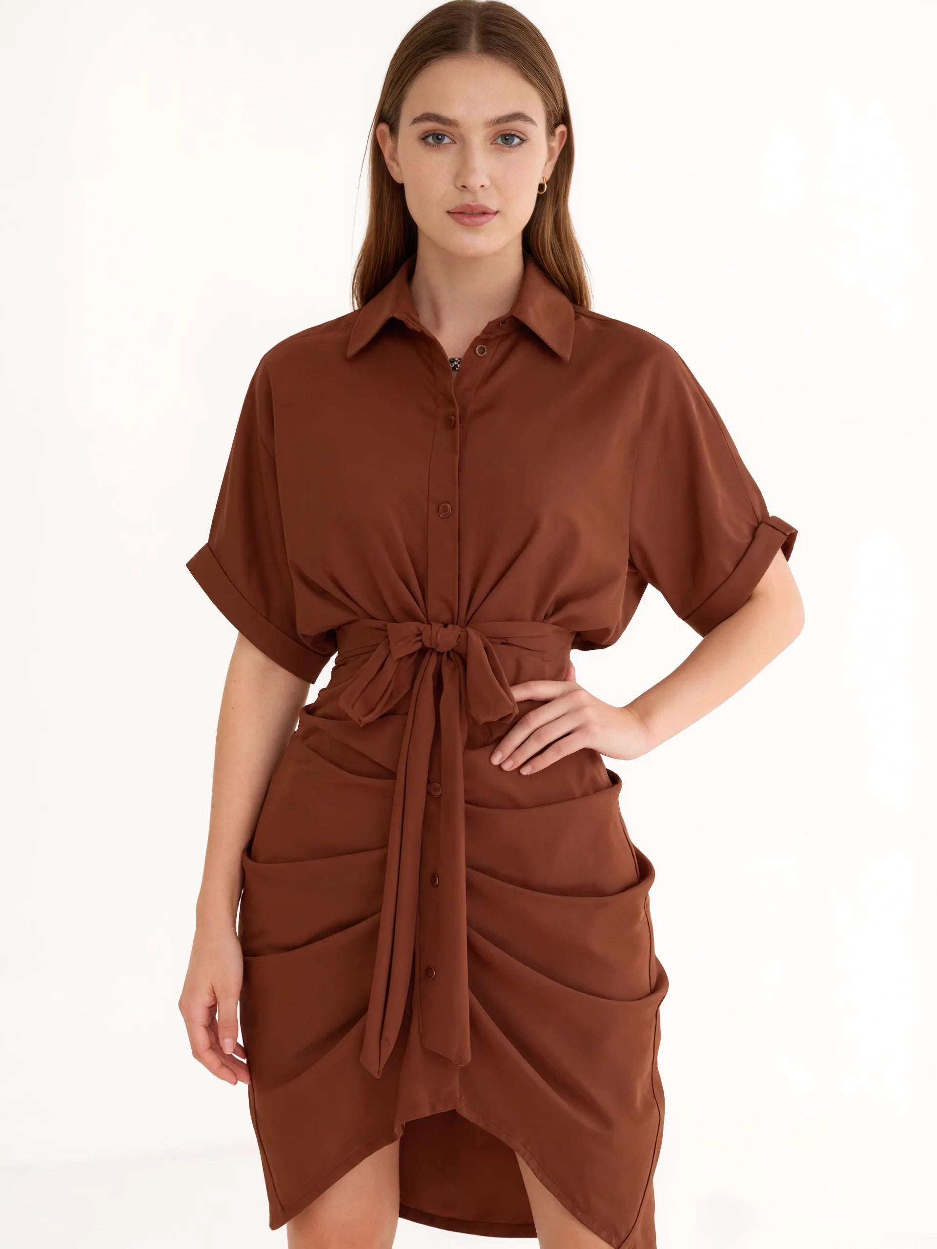 New Fashion Women Irregular Pleated Lace-Up Dress Empire Waist Knee-Length Casual Short Sleeve Office Lady Shirt Dresses