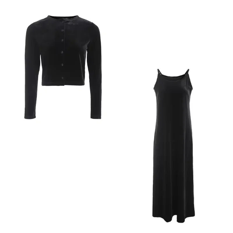 Autumn Winter Fleece Fabric Women Long Sleeve Dress Suit Solid Suspenders Long Dress Single-breasted Cardigan Female Casual Set