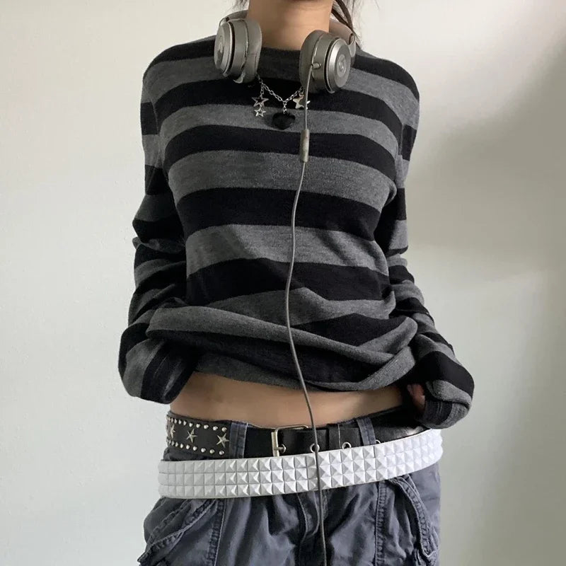 Women Teen Girls Fairy Grunge Y2k Long Sleeve Baggy Shirt Tops Striped Baby Tees Vintage Streetwear T-Shirt Autumn Clothes