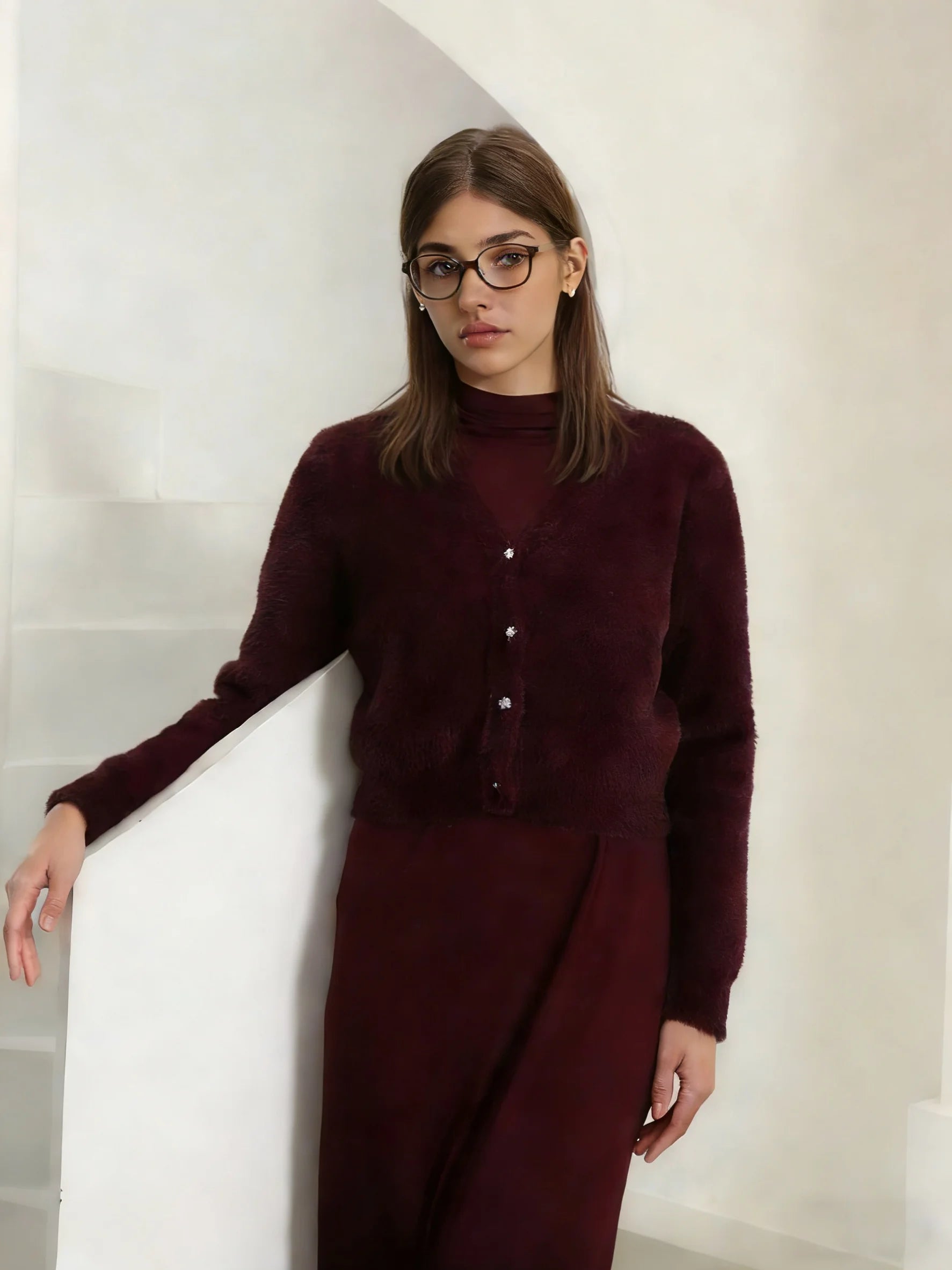 2026 Autumn Winter Women Wine Red Thick Warm Coat Long Sleeve V-neck Soft Fleece Jacket Precious Bright diamond button Warm Wear