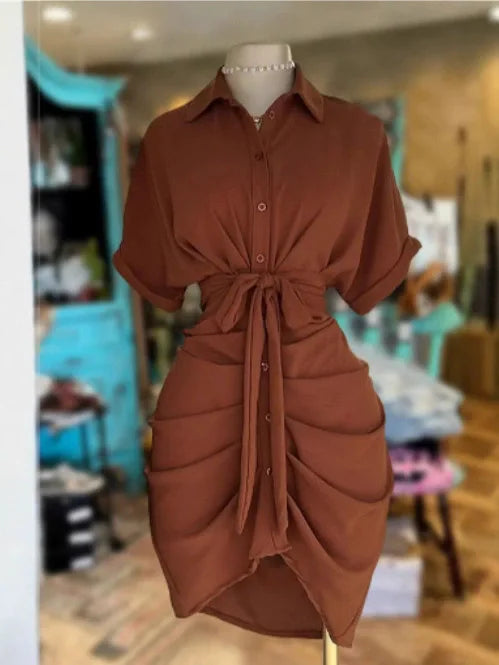 New Fashion Women Irregular Pleated Lace-Up Dress Empire Waist Knee-Length Casual Short Sleeve Office Lady Shirt Dresses