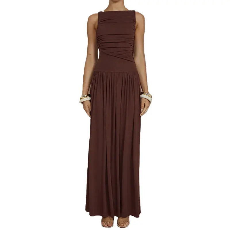 VEITCHE Summer Elegant Women Sleeveless Maxi Dress Milk shreds Neck High Waist Ladies Sexy Ruched Long Dress New Party Gown