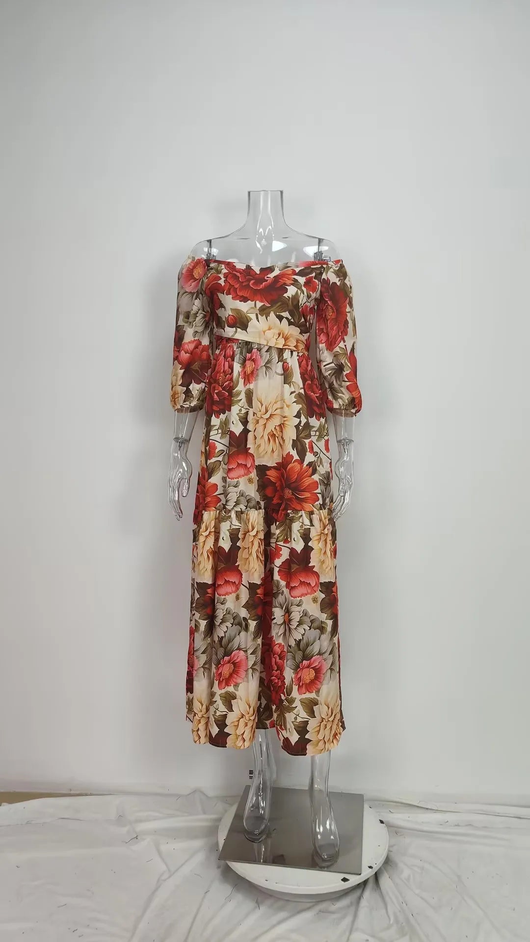 VEITCHE Summer Women Dresses Full Sleeve V Neck Print Floral Dress Loose Casual Floor Length Vestidos Spliced Bohemian Robe