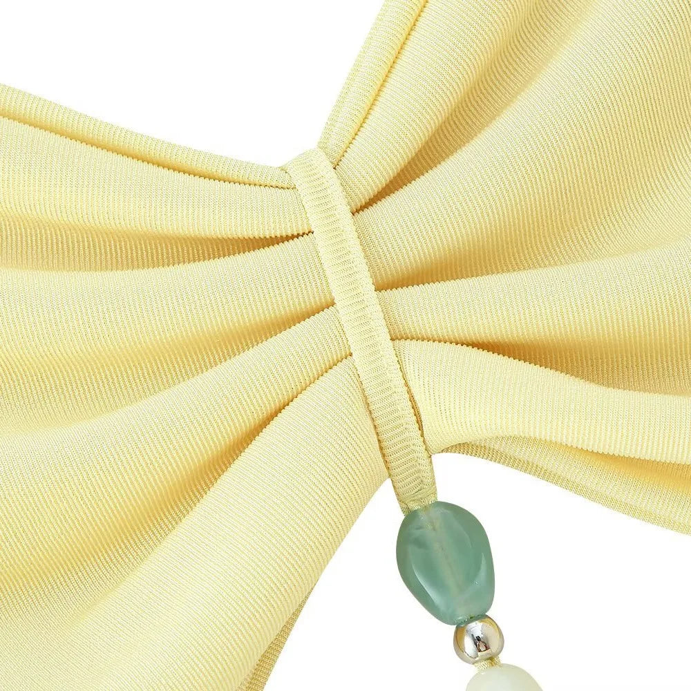 VEITCHE Summer Women Sexy Hollow Out Butter Yellow Long Dress V-neck Backless Beaded decoration Vestidos Female Vacation Robes