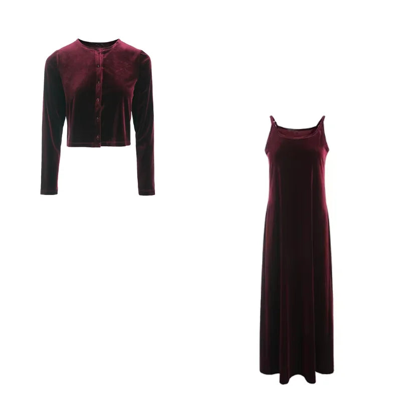 Autumn Winter Fleece Fabric Women Long Sleeve Dress Suit Solid Suspenders Long Dress Single-breasted Cardigan Female Casual Set
