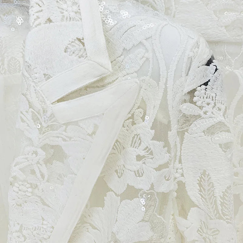 JAMERARY New Fashion Mesh Embroidered Blazers Jackets Wide Leg Pants Sequins Suit Coat Women Pants White Lace Two Piece Set