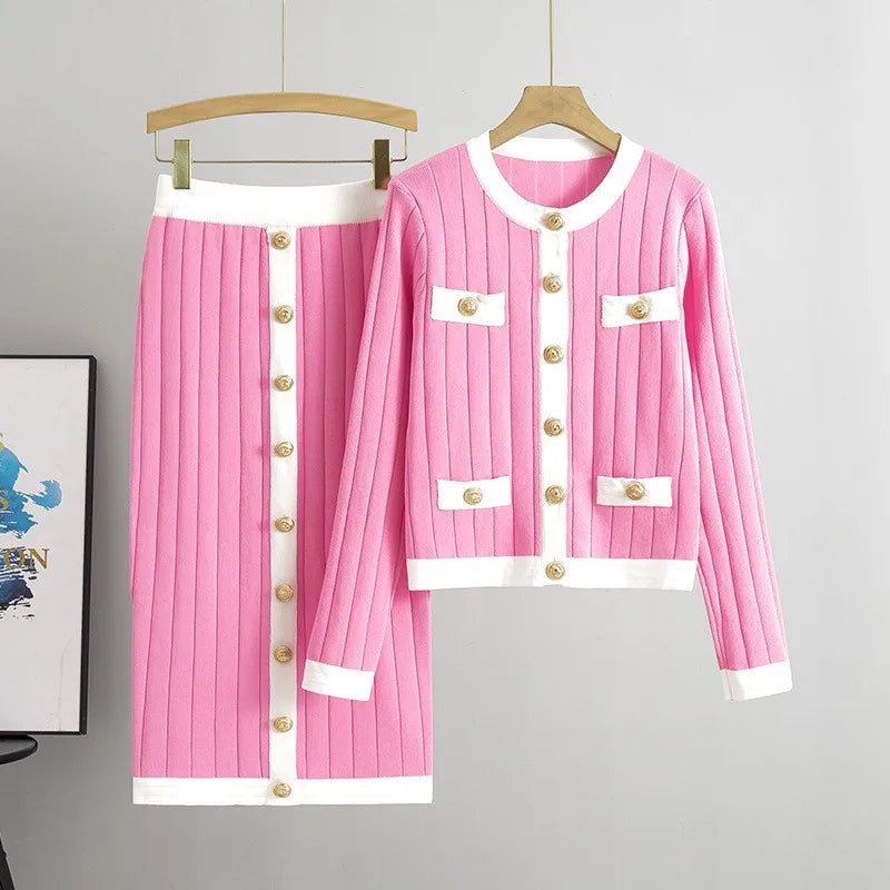 Women Knit Two Pieces Eleght Knitted Cardigan Coat Buttons Solid Colour Long Skirt Casual Suit Knitting Skirts Outfits
