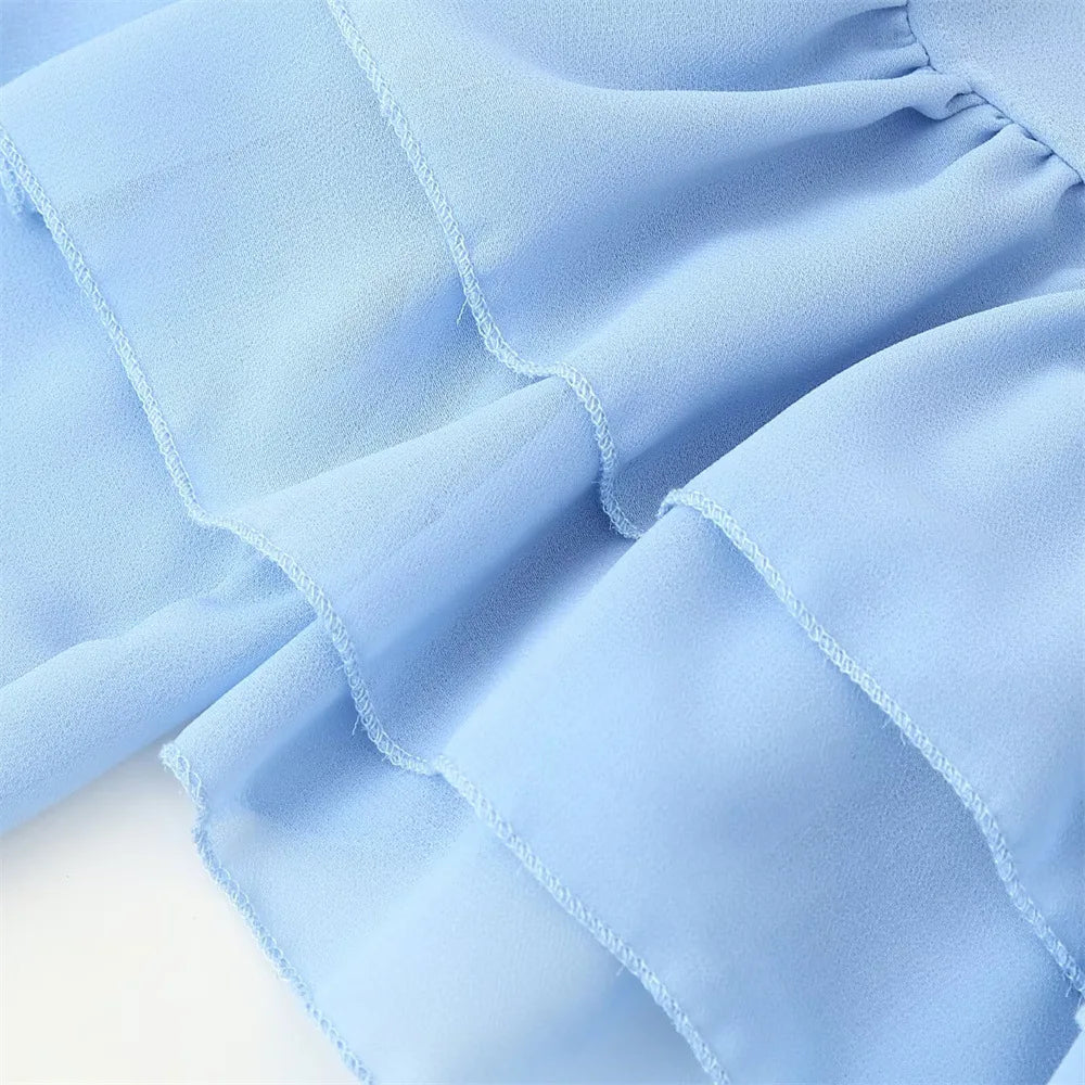 VEITCHE Fashion Women Chiffon Ruffles Mini Dresses Loose Turtleneck Flare Sleeve Blue Dress Spring Summer Lady Vacation Robes