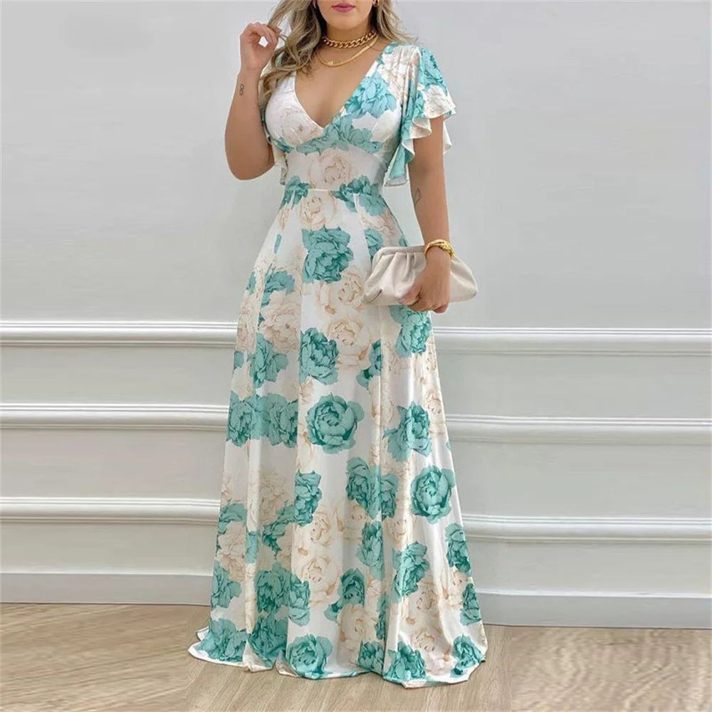VEITCHE New Fashion Women's Summer Flower Print Long Dress Commuter V-neck Bell Sleeve Waist Wrap Loose Large hem Oversize Dress