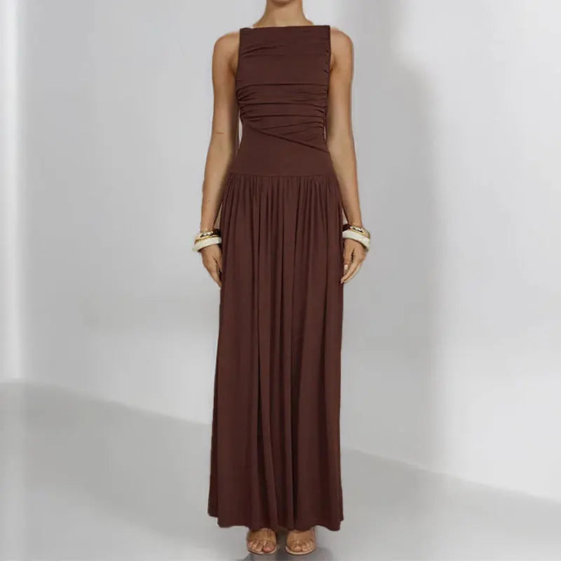 VEITCHE Summer Elegant Women Sleeveless Maxi Dress Milk shreds Neck High Waist Ladies Sexy Ruched Long Dress New Party Gown