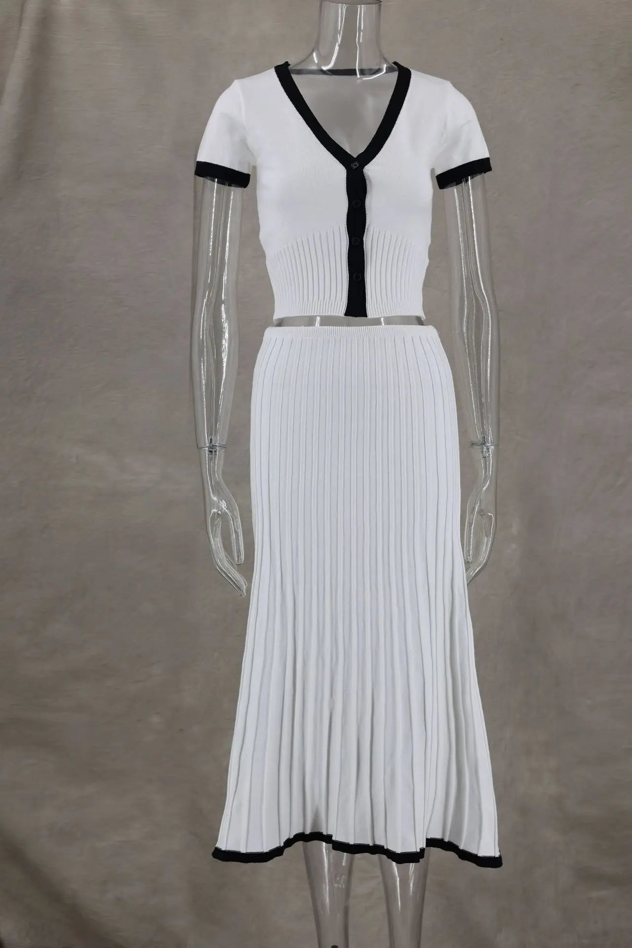 Spring Summer Women White long Skirt Suit Short Sleeve V-neck crop top pleated set elegant dress 2 piece skirt set Outwear