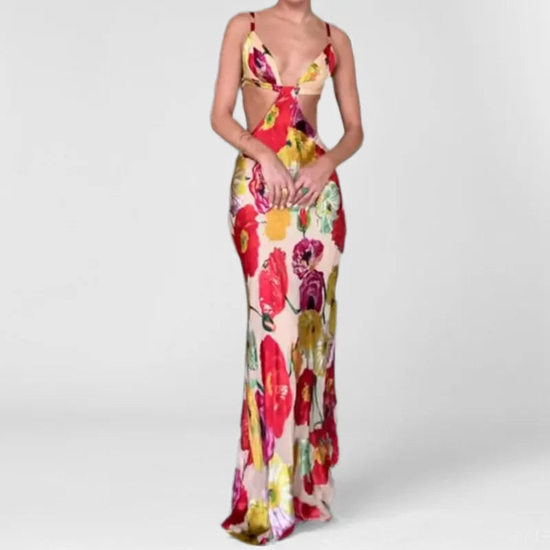 VEITCHE Summer Women Sexy V Neck Floral Print Maxi Dresses Elegant Sleeveless Backless Waist Hollow Out Vestidos Lady Club Party