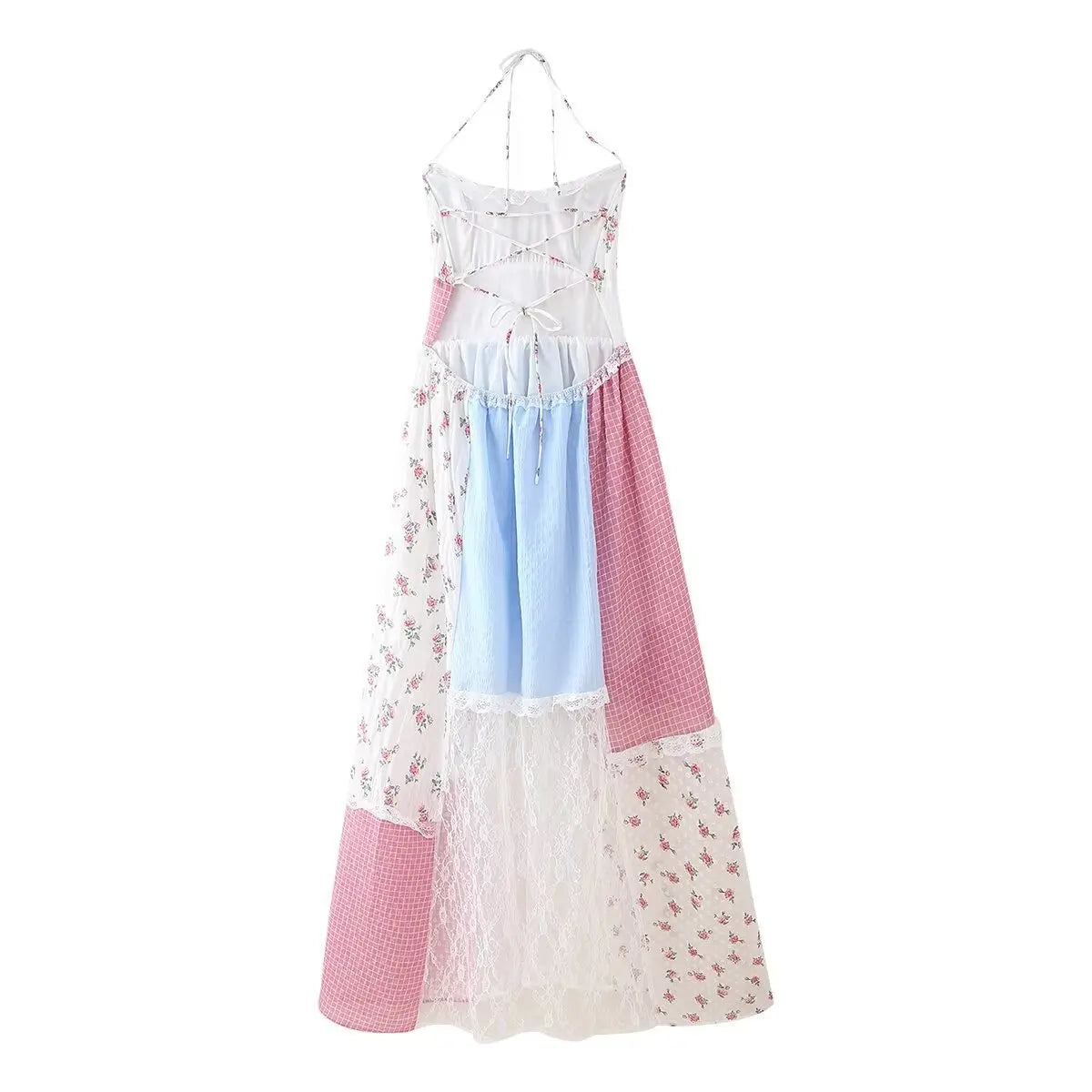 VEITCHE Spring Summer French Sweet Print Backless Strappy Halter Neck Long Dress Women Lace Stitching Holiday Women Maxi Dress