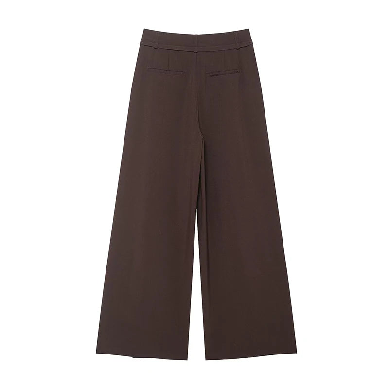 Willshela Women Fashion With Belt Coffee Front Zipper Pleated Wide Leg Pants Vintage Mid Waist Full Length Female Chic Trousers