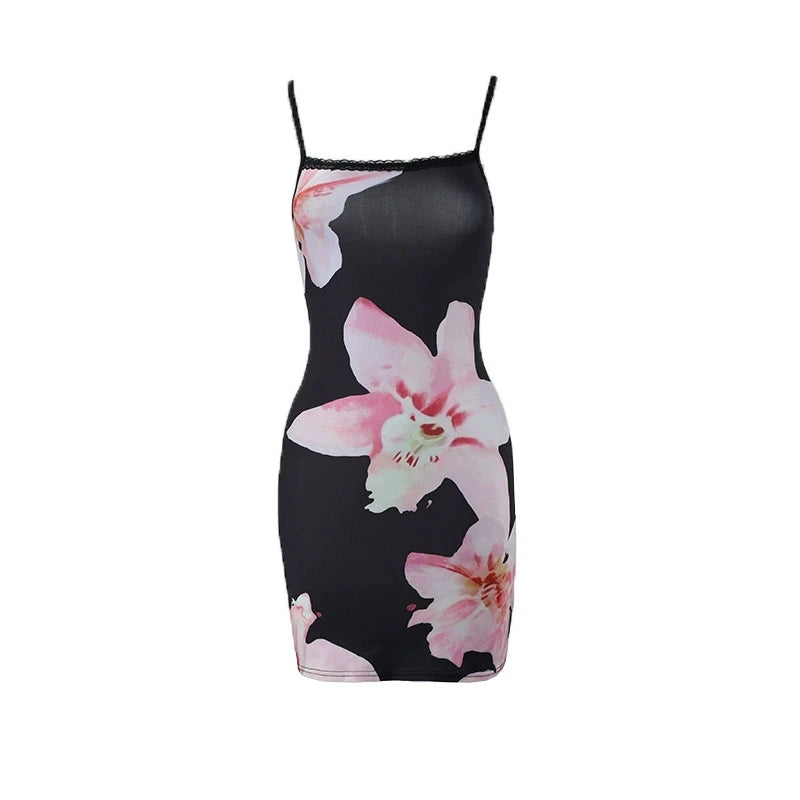 Women Summer Sexy Party Mini Dress Fashion Flower Print Sleeveless Backless Bodycon Simple Dresses Casual Club Elegant  Dress