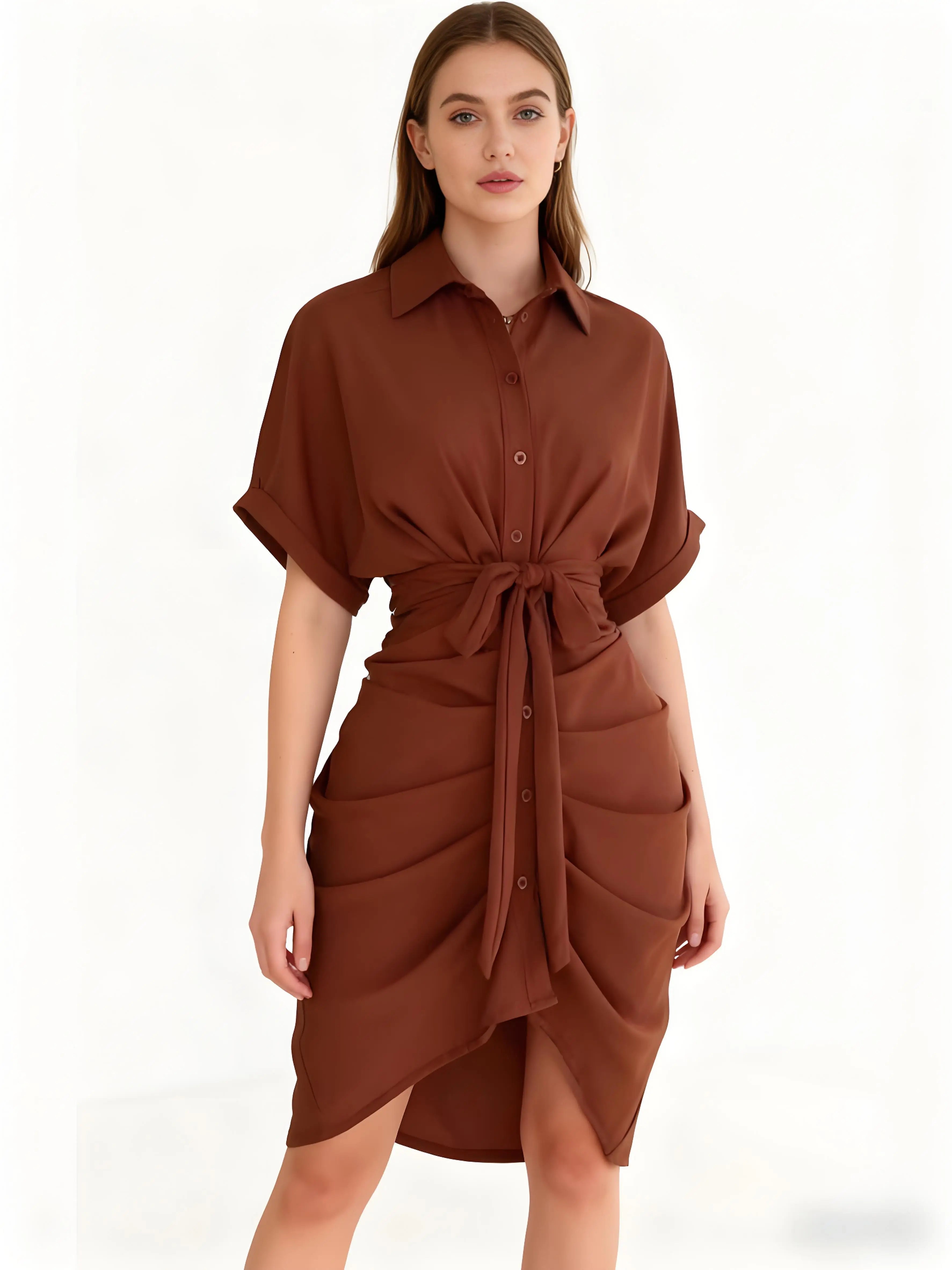 New Fashion Women Irregular Pleated Lace-Up Dress Empire Waist Knee-Length Casual Short Sleeve Office Lady Shirt Dresses