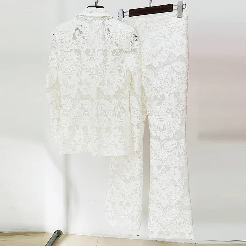 JAMERARY New Fashion Mesh Embroidered Blazers Jackets Wide Leg Pants Sequins Suit Coat Women Pants White Lace Two Piece Set