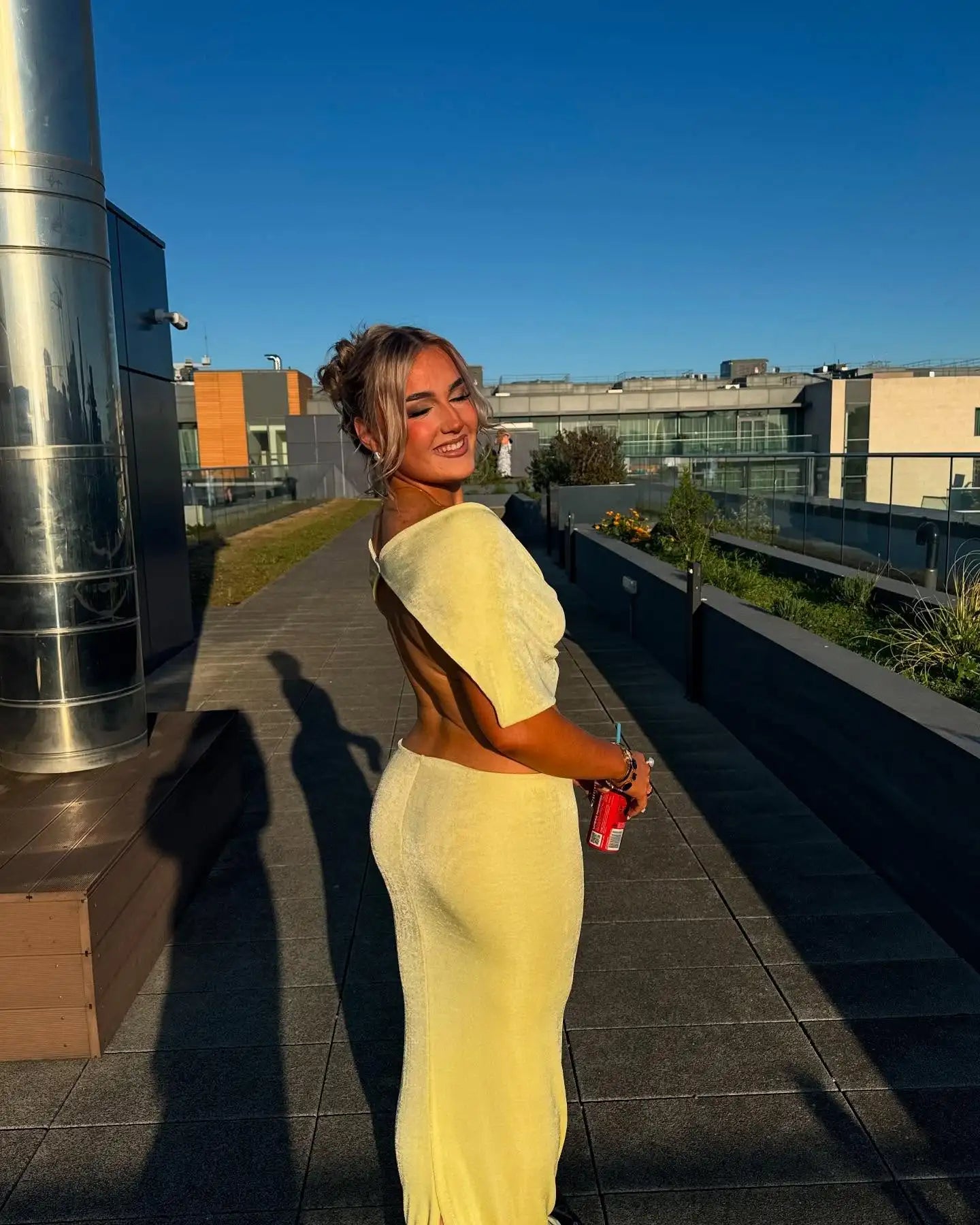 VEITCHE Summer Women Sexy Hollow Out Butter Yellow Long Dress V-neck Backless Beaded decoration Vestidos Female Vacation Robes
