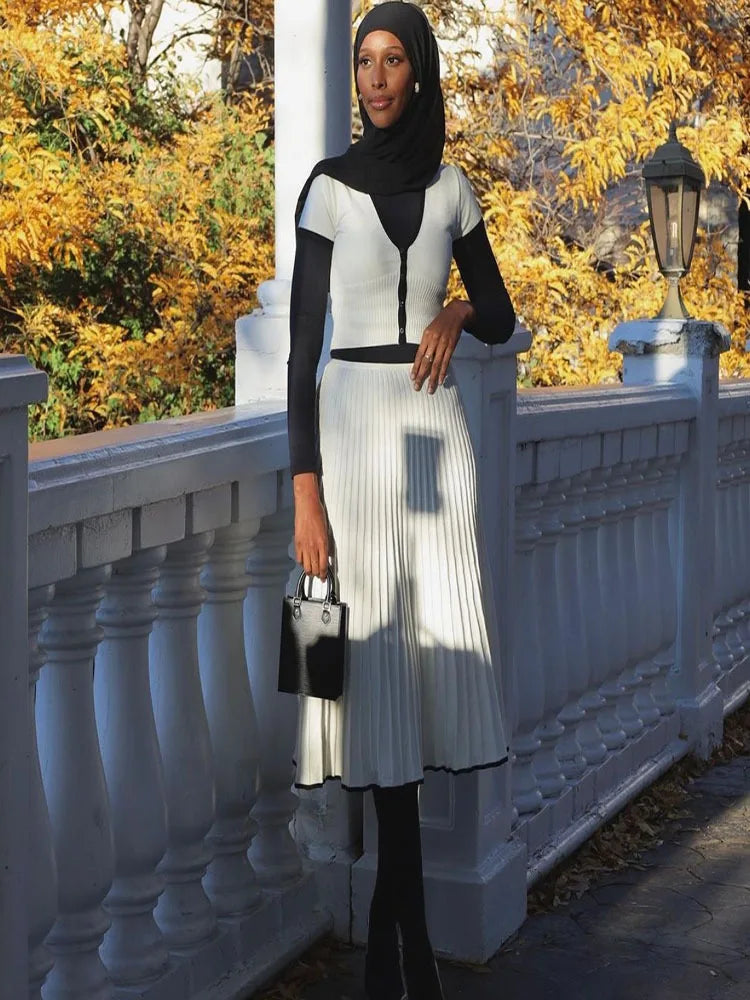 Spring Summer Women White long Skirt Suit Short Sleeve V-neck crop top pleated set elegant dress 2 piece skirt set Outwear